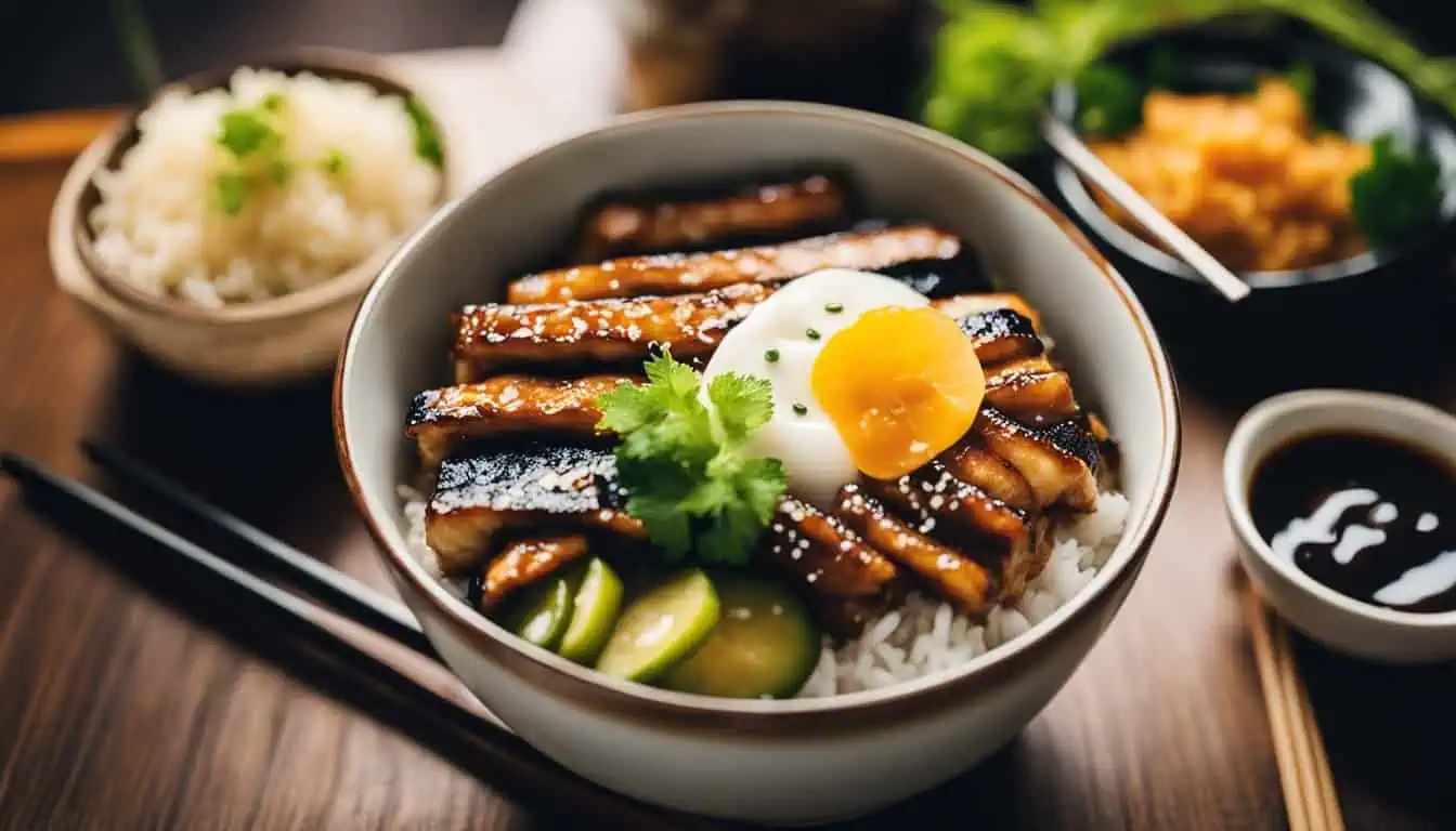 A bowl of unagi don featuring rice, tender meat, and a perfectly cooked egg, showcasing the best in Singapore.