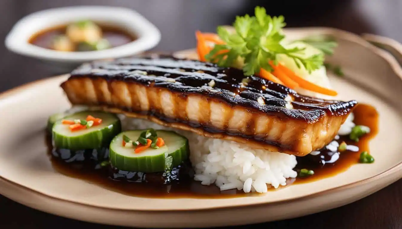 A plate featuring rice topped with salmon, showcasing the best Unagi in Singapore.