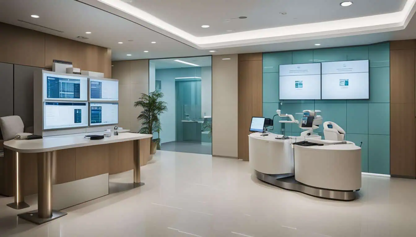 A clinic featuring a desk with multiple computer monitors, reflecting a professional work environment.
