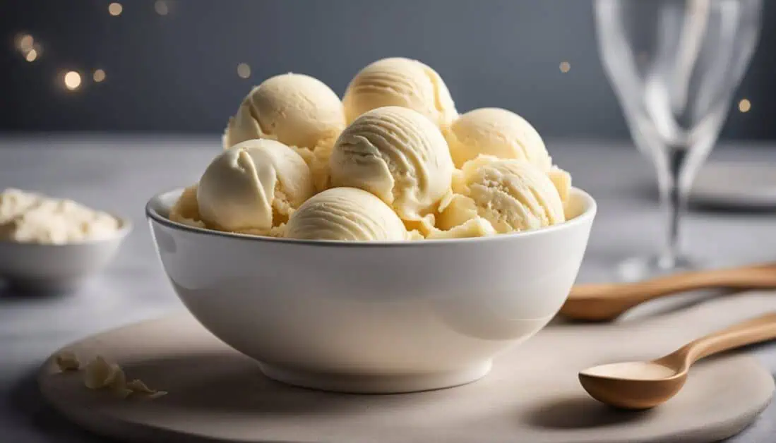 A bowl of vanilla ice cream accompanied by a spoon and two glasses, showcasing the best brands in Singapore.