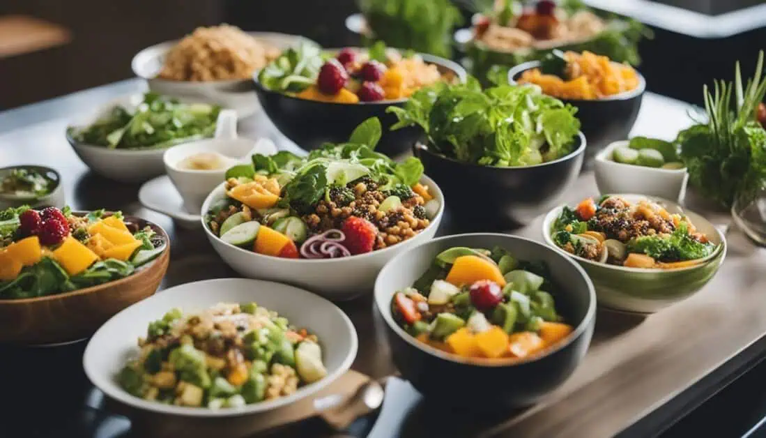 An assortment of fresh salads on a table, representing the rich variety of vegan dishes found in Singapore's restaurants.