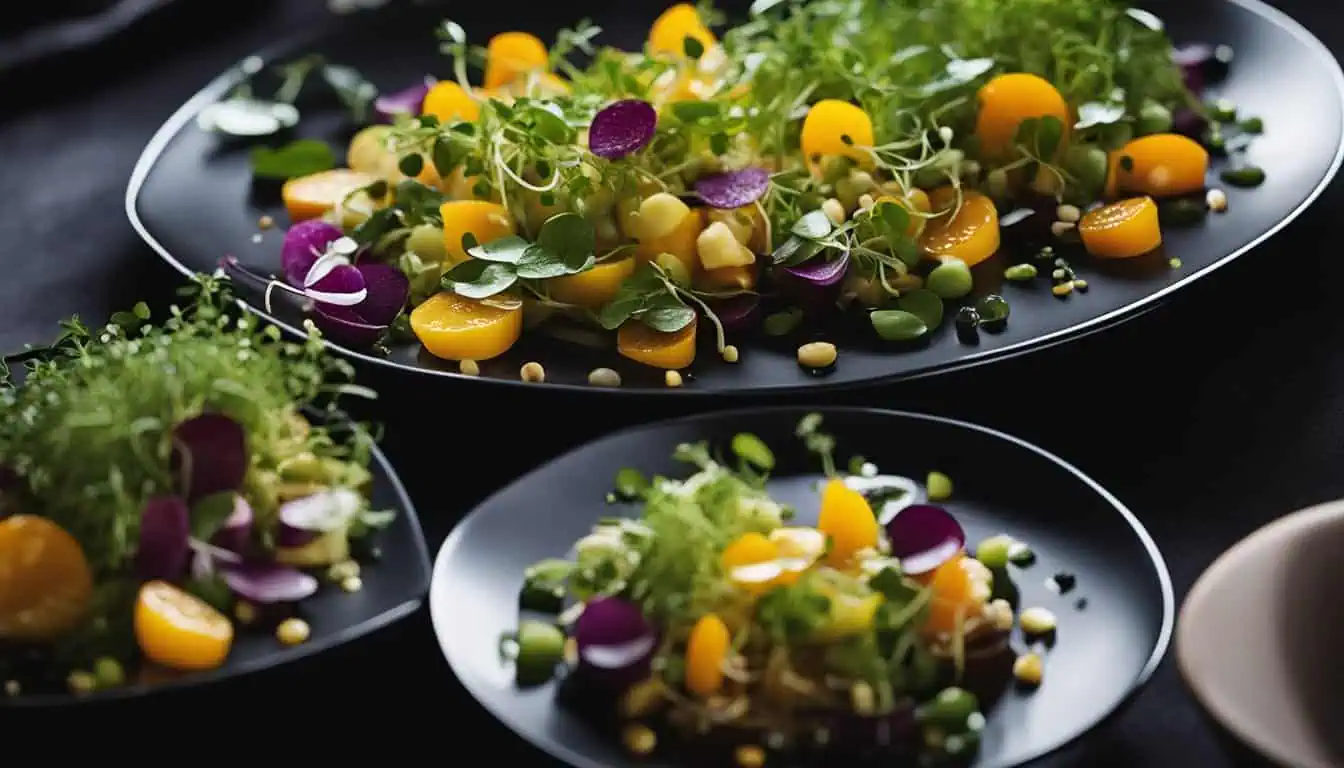 A black plate adorned with a fresh salad, representing top vegetarian dining options in Singapore.