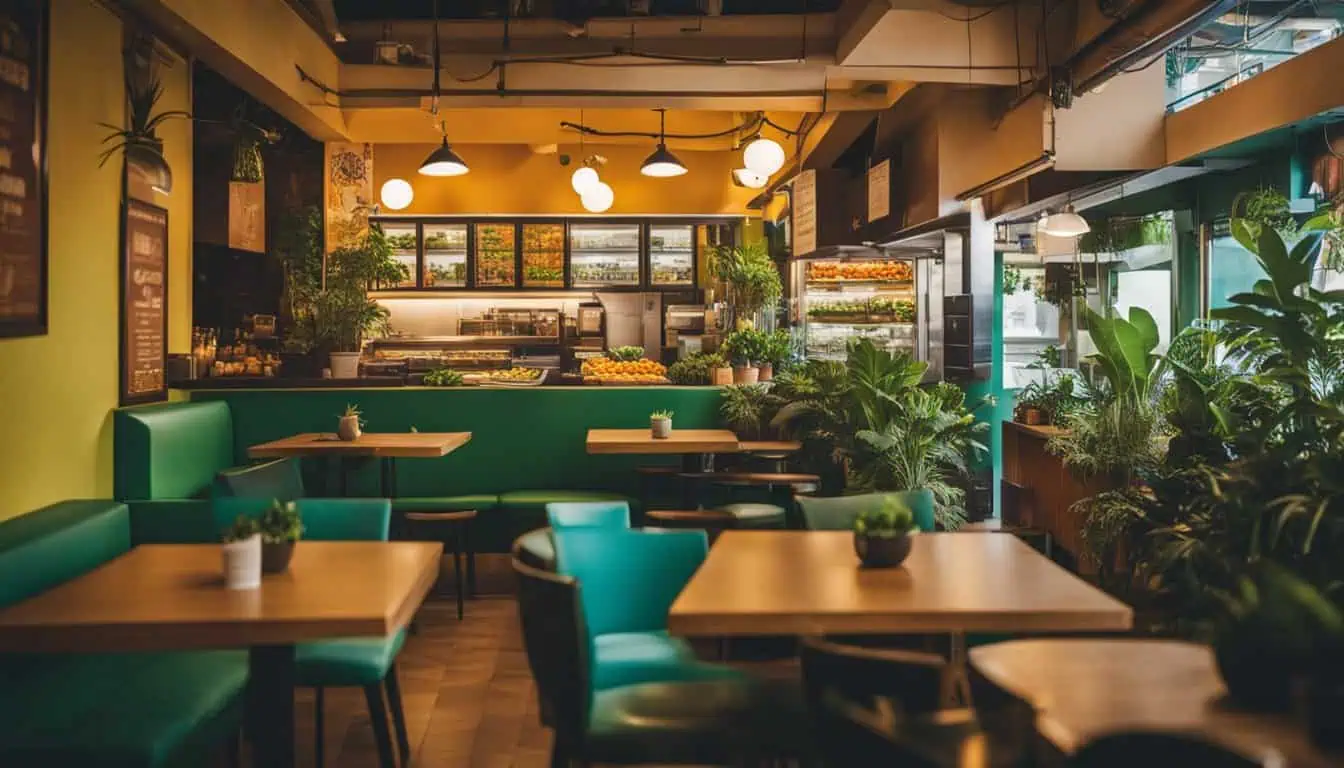 Charming vegetarian eatery in Little India, adorned with green walls and tables, creating a welcoming atmosphere for diners.