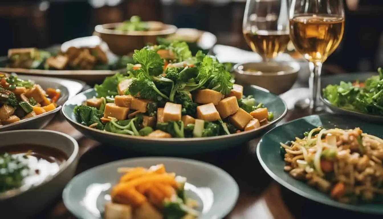 An inviting table displaying numerous vegetarian plates and drinks, representing the finest vegetarian restaurants in Singapore.