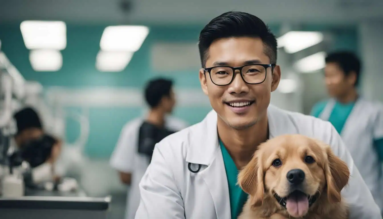 A veterinarian in a lab coat gently holds a dog, showcasing care and expertise at a top clinic in Singapore.