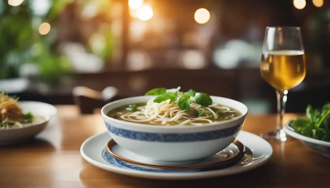 A bowl of Chinese noodle soup with fresh noodles and vegetables, elegantly presented on a wooden table at a top restaurant in Singapore.