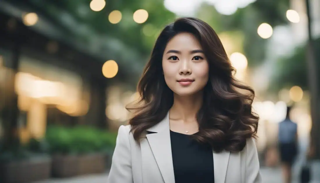 An elegant Asian woman dressed in a business suit, showcasing the top volumizing dry shampoo brand in Singapore.