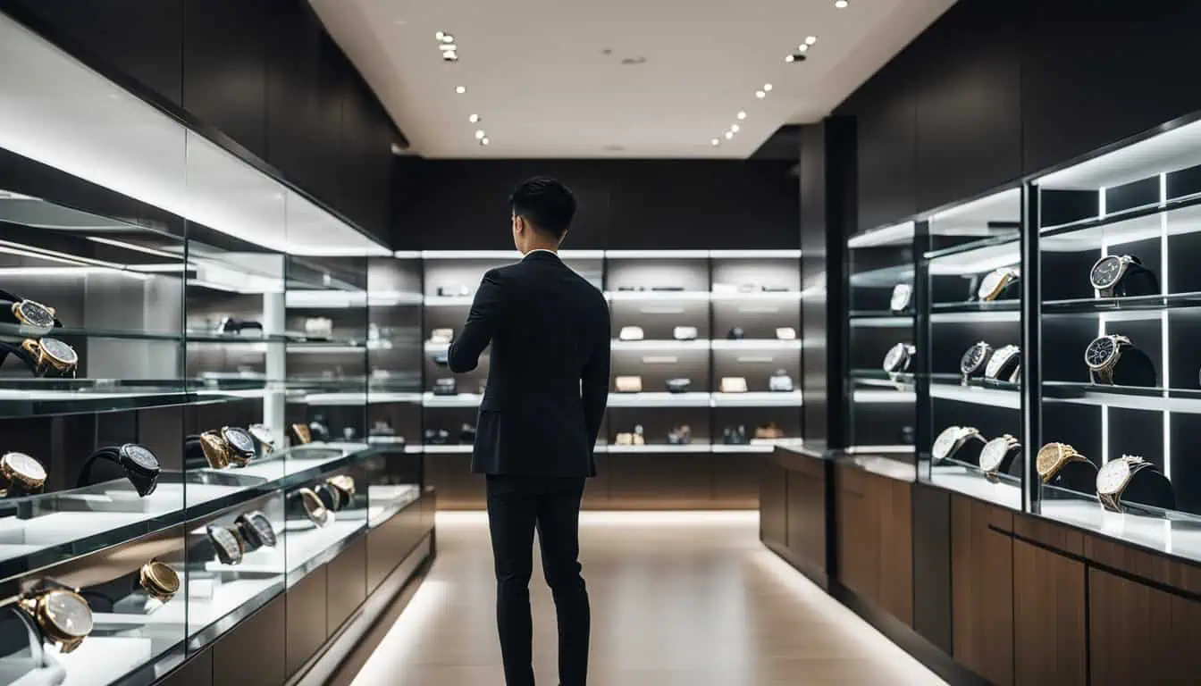 A man in a watch store in Singapore, highlighting the finest selections for men's timepieces.