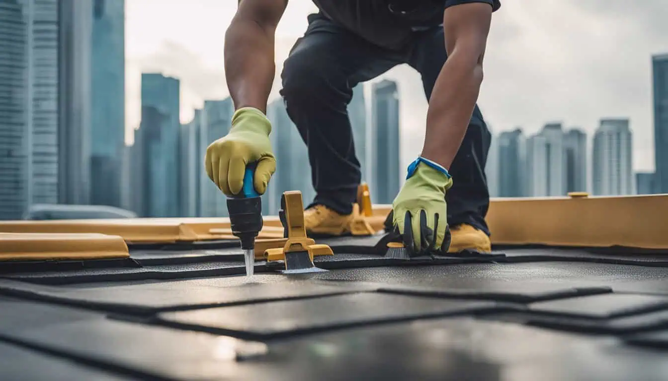 A man in yellow gloves is performing waterproofing work on a roof, showcasing expertise in roofing services.