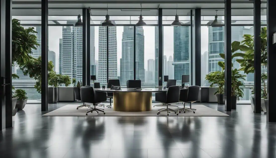 An office featuring a table and chairs positioned in front of a window, ideal for wealth management consultations in Singapore.
