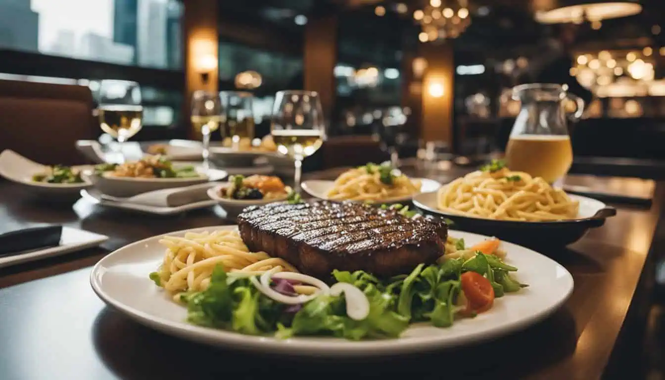 A delicious steak and pasta meal elegantly presented on a table at the Best Western Restaurant in Singapore.