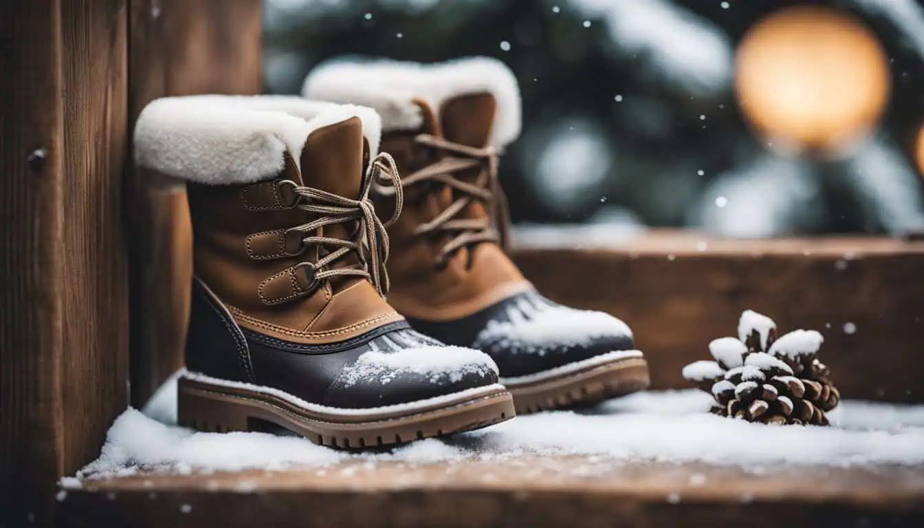 Winter boots placed on snow-covered steps, showcasing the best winter footwear options available in Singapore.