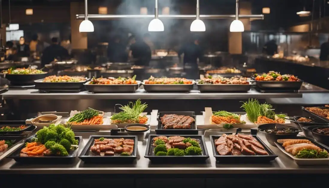 An enticing buffet spread with numerous trays of food, highlighting Singapore's finest Yakiniku buffet selections.