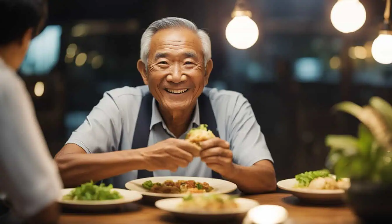 An older man smiles contentedly while enjoying a delicious bowl of Yong Tau Foo in Singapore.