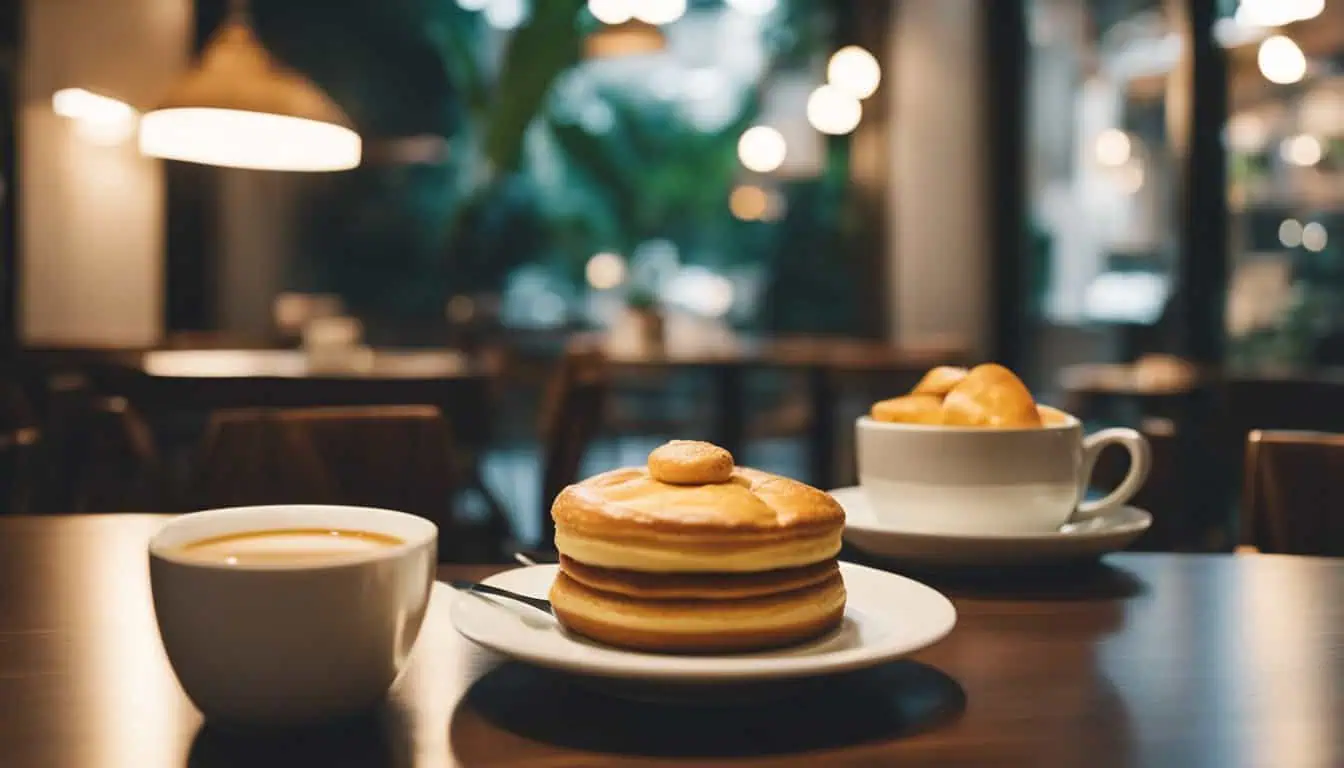 A cozy café scene featuring a plate of pancakes and a steaming cup of coffee on a wooden table.
