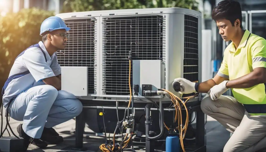 Two technicians repairing an air conditioner, showcasing expert service in Singapore's air conditioning industry.