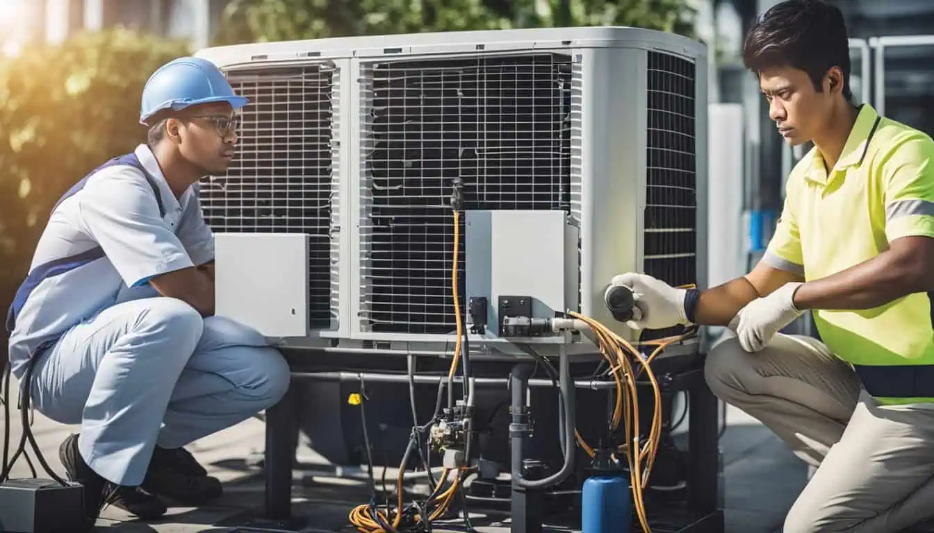 Two technicians repairing an air conditioner, showcasing expert service in Singapore's air conditioning industry.