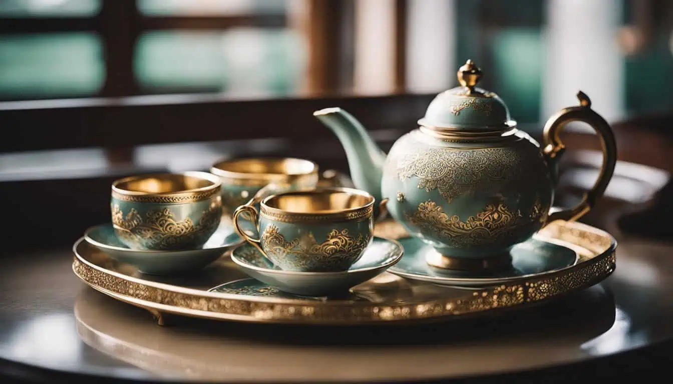 A luxurious gold tea set arranged on a table near a window, highlighting the exquisite tea experience in Singapore.