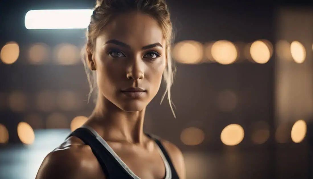 A beautiful woman in a gym, illuminated by vibrant lights, showcasing energy and enthusiasm for dance classes in Singapore.