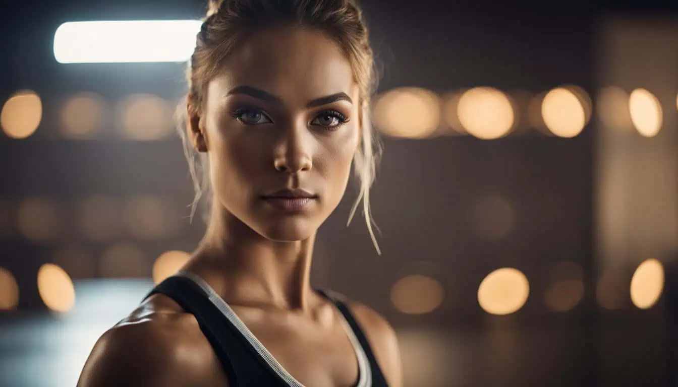 A beautiful woman in a gym, illuminated by vibrant lights, showcasing energy and enthusiasm for dance classes in Singapore.