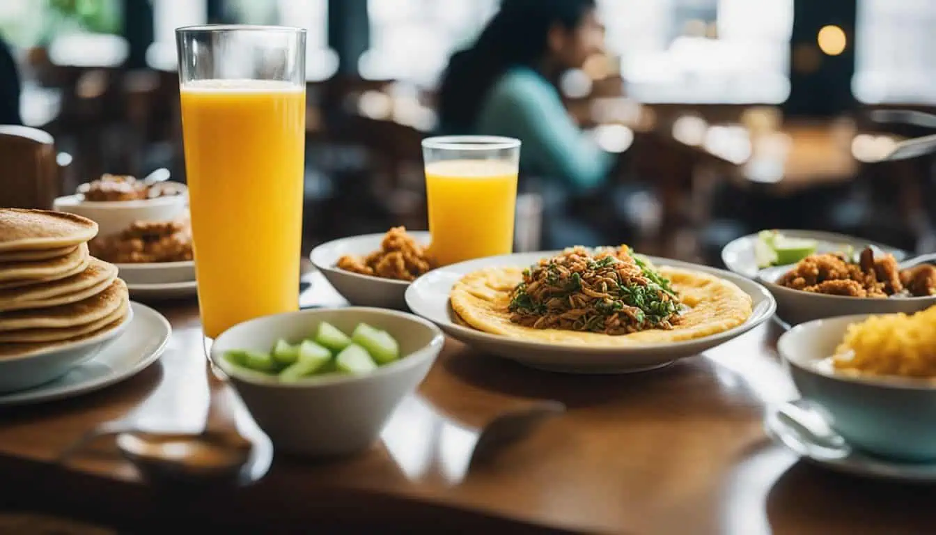 A vibrant breakfast spread at a restaurant featuring plates of delicious food and refreshing orange juice in Singapore.