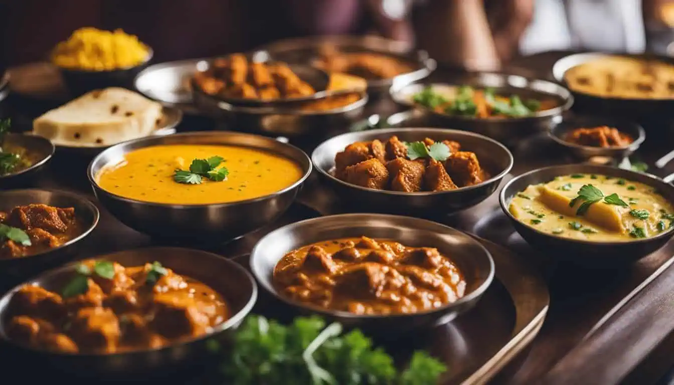 A vibrant display of Indian dishes in bowls on a table, showcasing the culinary delights of Singapore's must-try restaurants.