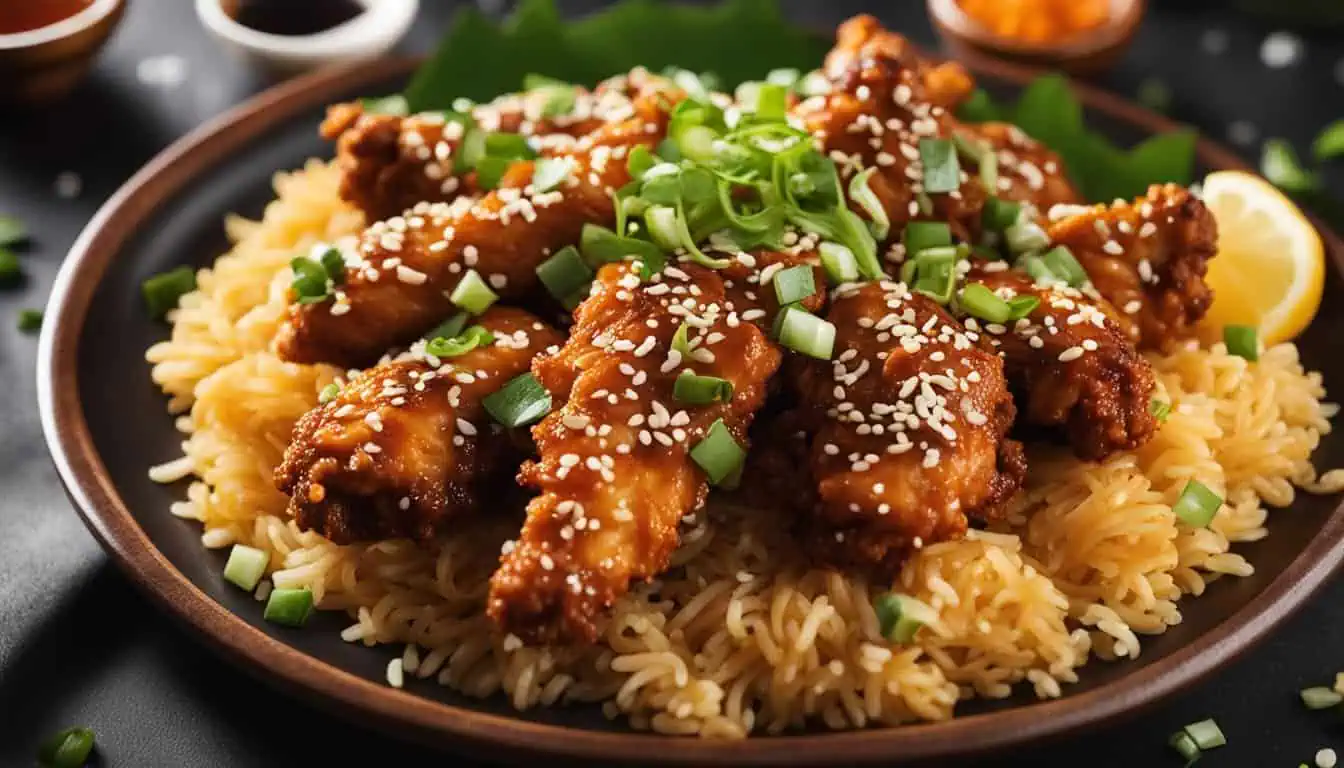 Delicious chicken wings garnished with sesame seeds and sesame oil, elegantly presented on rice, highlighting Korean flavors.