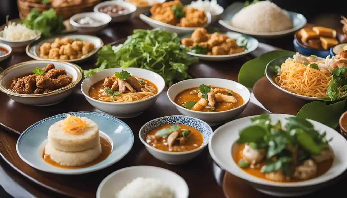 A table adorned with various bowls of vibrant Peranakan dishes, showcasing a feast of flavors in Singapore.
