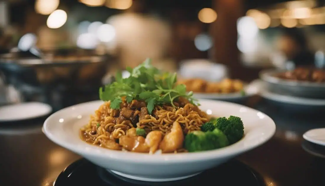A bowl of noodles and broccoli elegantly presented on a table, showcasing a delightful dish from Katong's must-try restaurants.