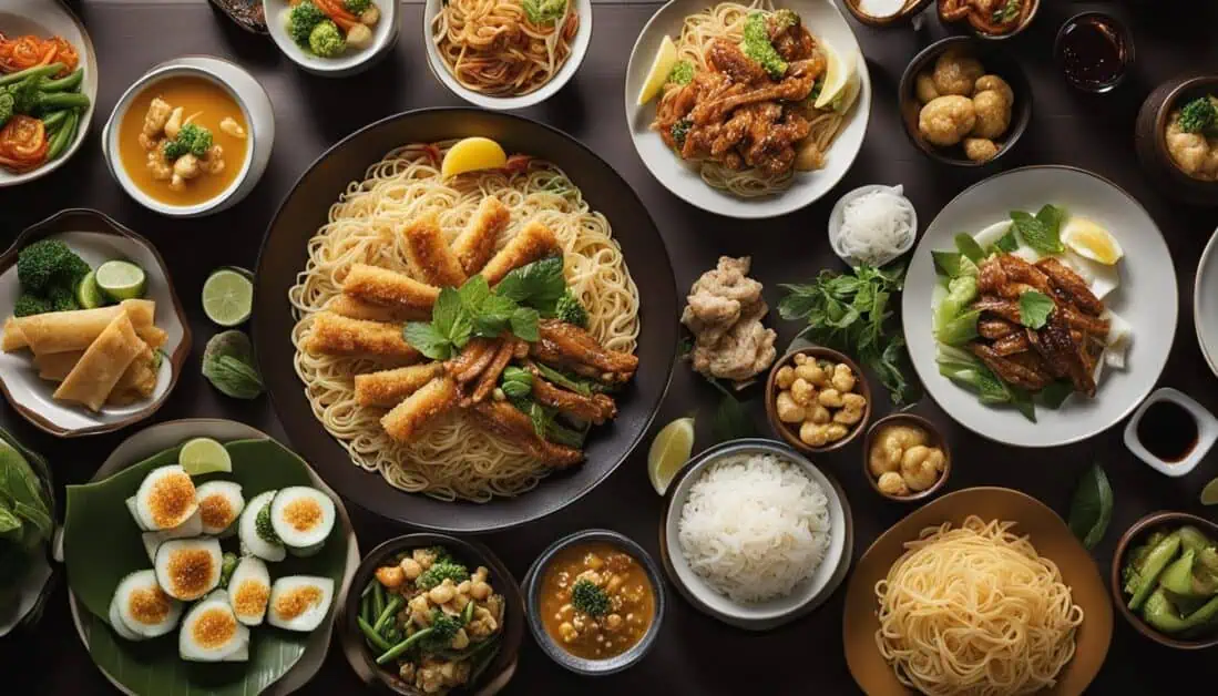 An assortment of Asian cuisine displayed on a table, highlighting Singapore's must-try supper destinations.