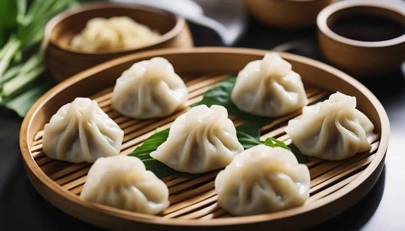 A bowl of dumplings garnished with fresh green leaves, showcasing a delightful dish from a must-visit restaurant in Chinatown, Singapore.