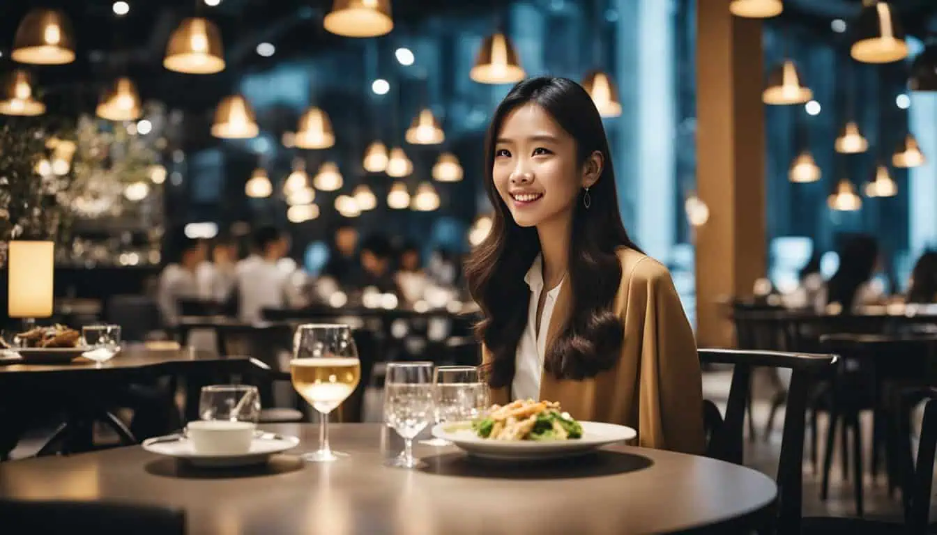 A woman seated at a table with a fresh salad and a glass of wine, highlighting the ambiance of a new Singaporean restaurant.