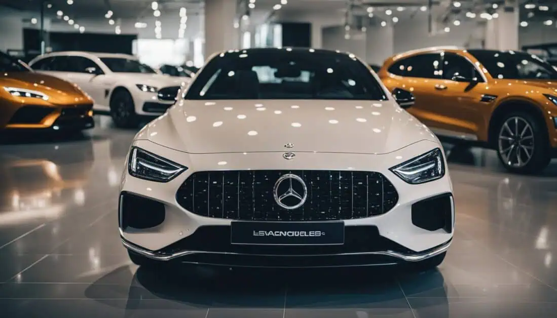 Mercedes-Benz cars displayed in a showroom, showcasing luxury vehicles available for purchase in Singapore.