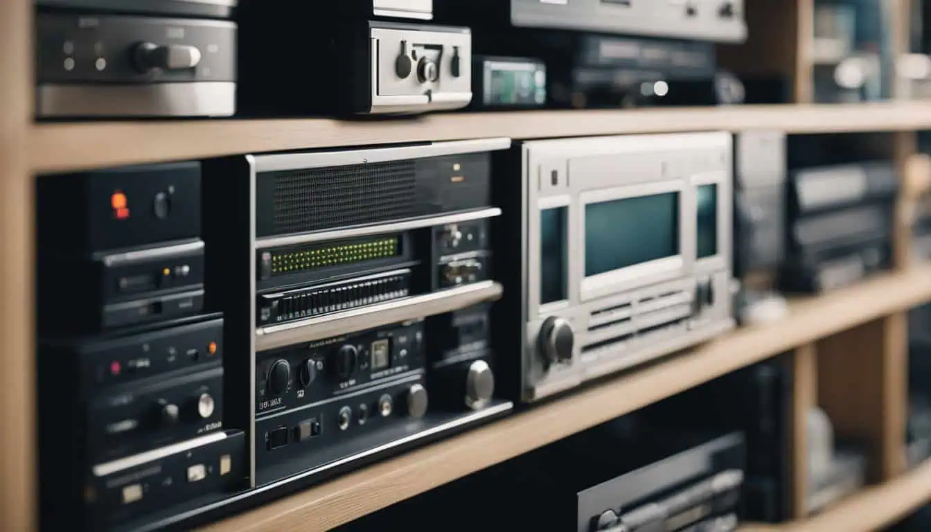 A shelf showcasing various audio equipment types, highlighting options from different electronic brands in Singapore.