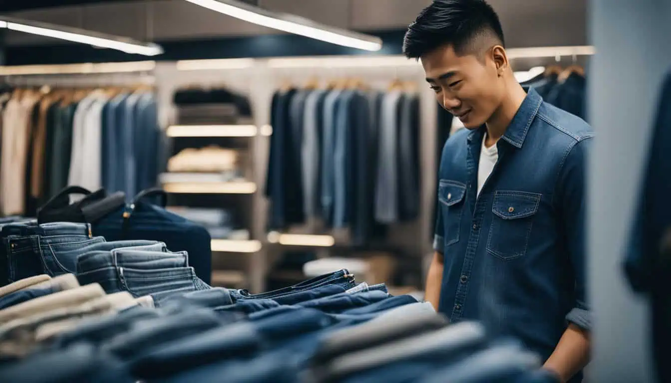 A man browses through jeans in a clothing store, highlighting popular shopping spots for men's jeans in Singapore.
