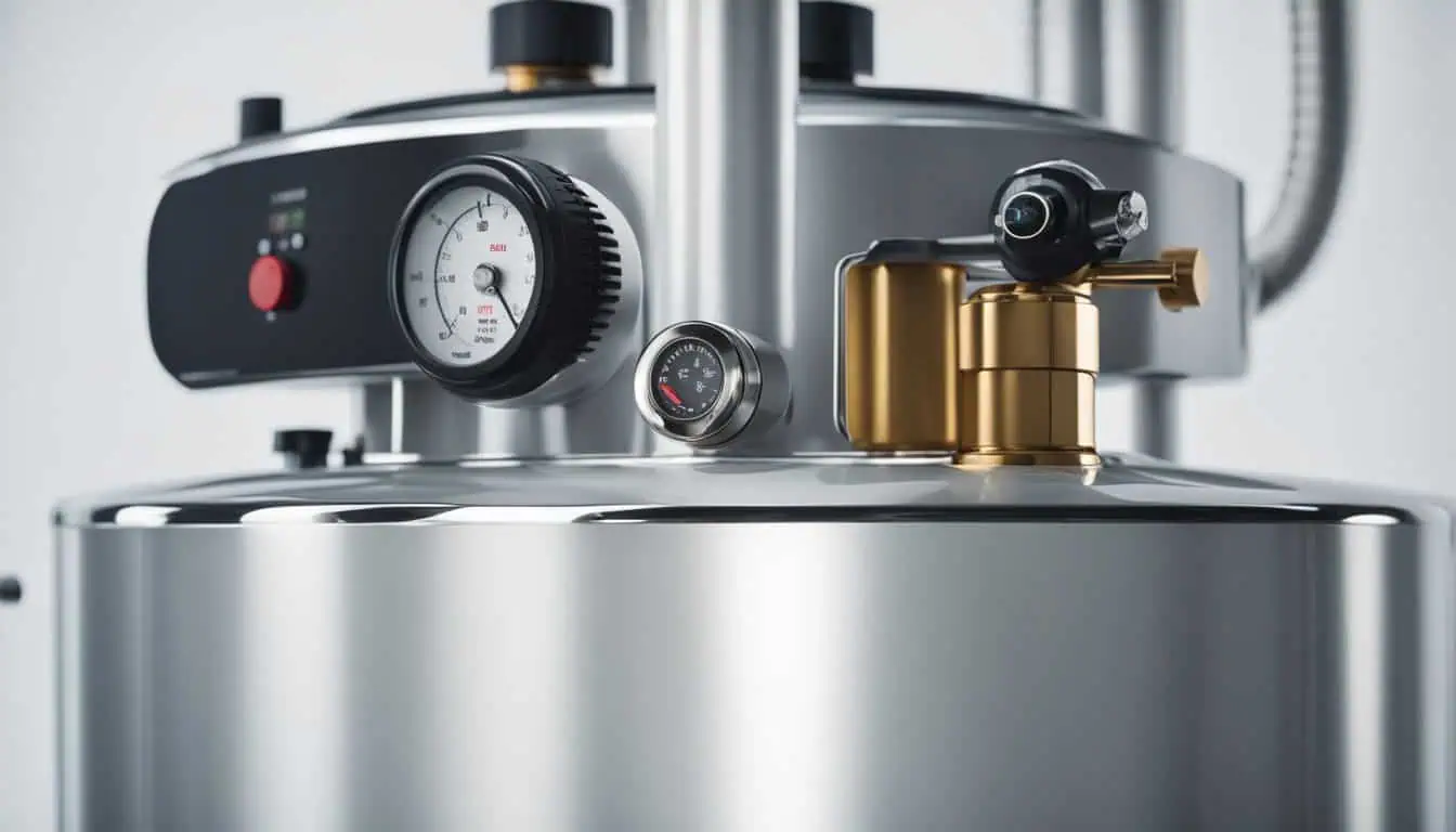 A stainless steel tank featuring a pressure gauge, ideal for water heater solutions in Singapore.