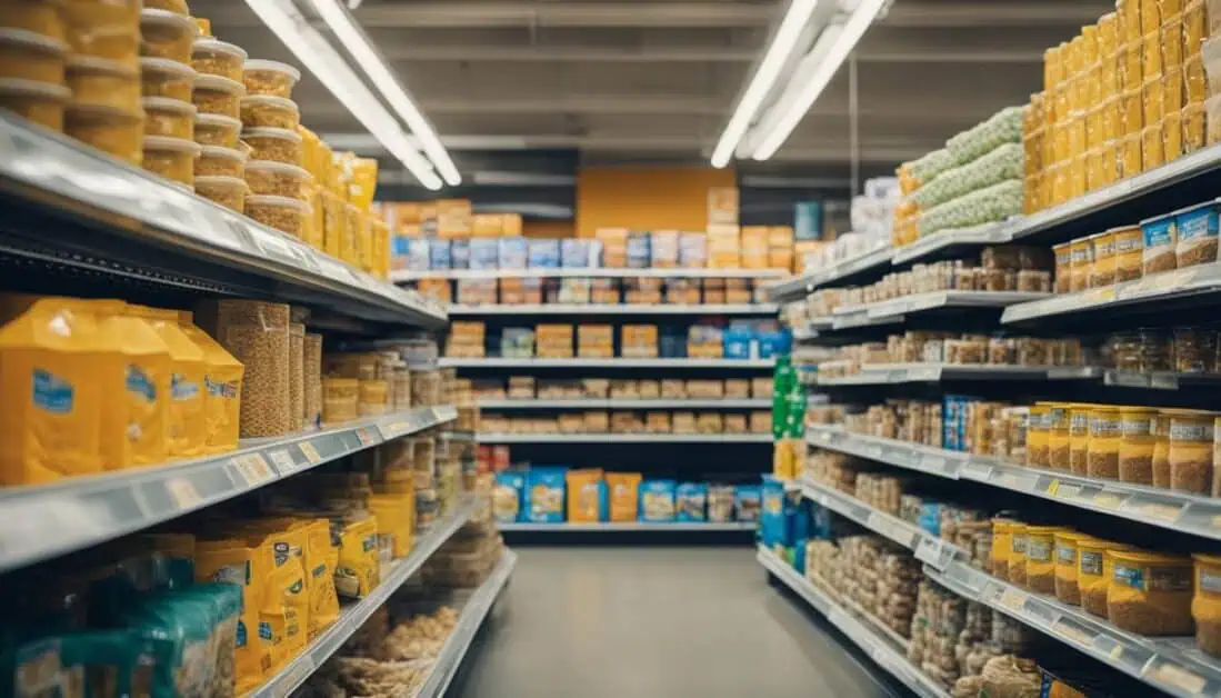 A pet store aisle lined with shelves with various pet supplies, showcasing a vibrant selection for shoppers.