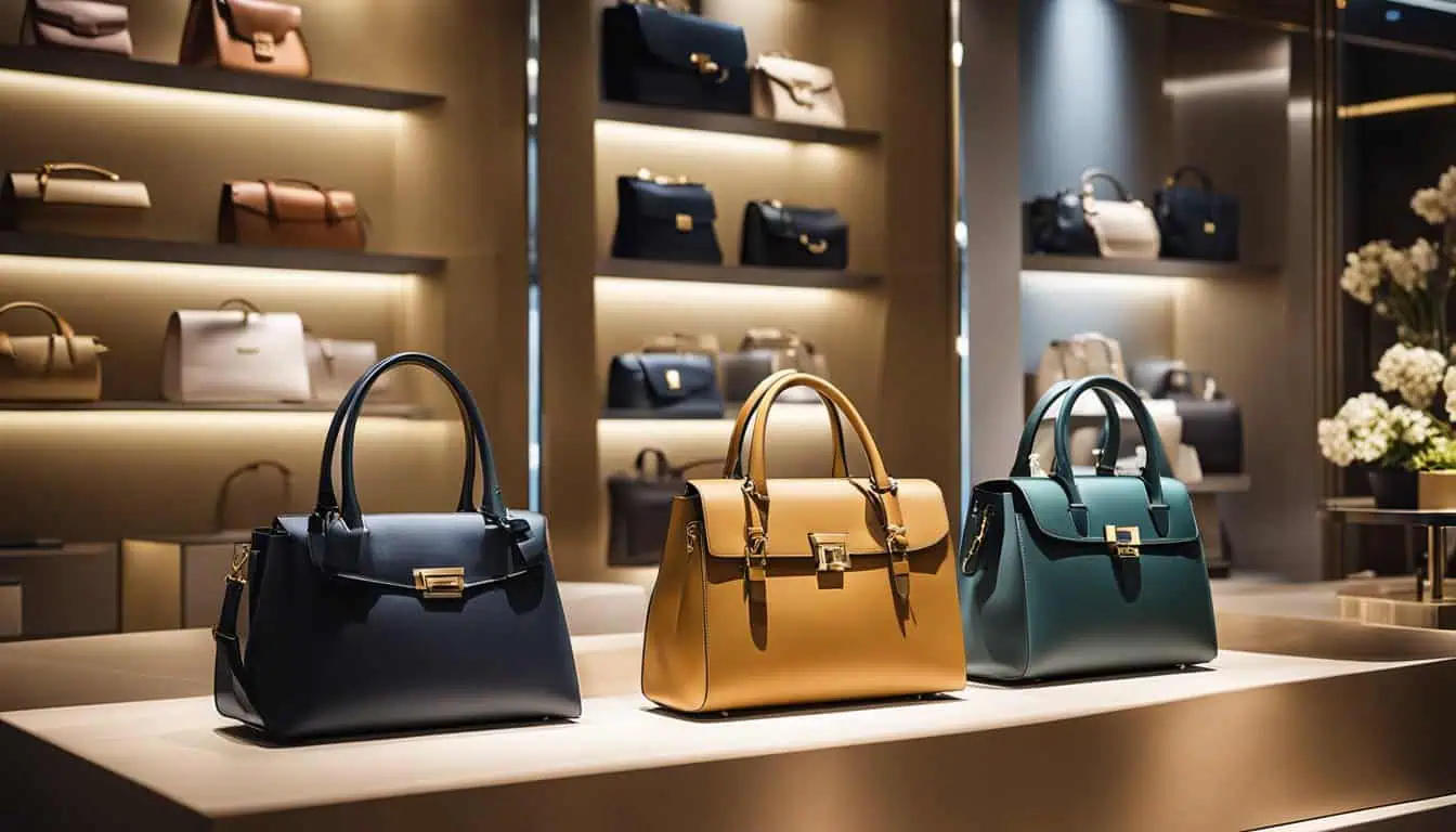 Three stylish handbags showcased on a store shelf, highlighting popular shopping options for branded bags in Singapore.