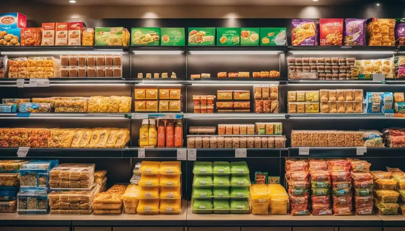 A vibrant supermarket in Singapore showcasing shelves stocked with a variety of popular snacks and food brands.