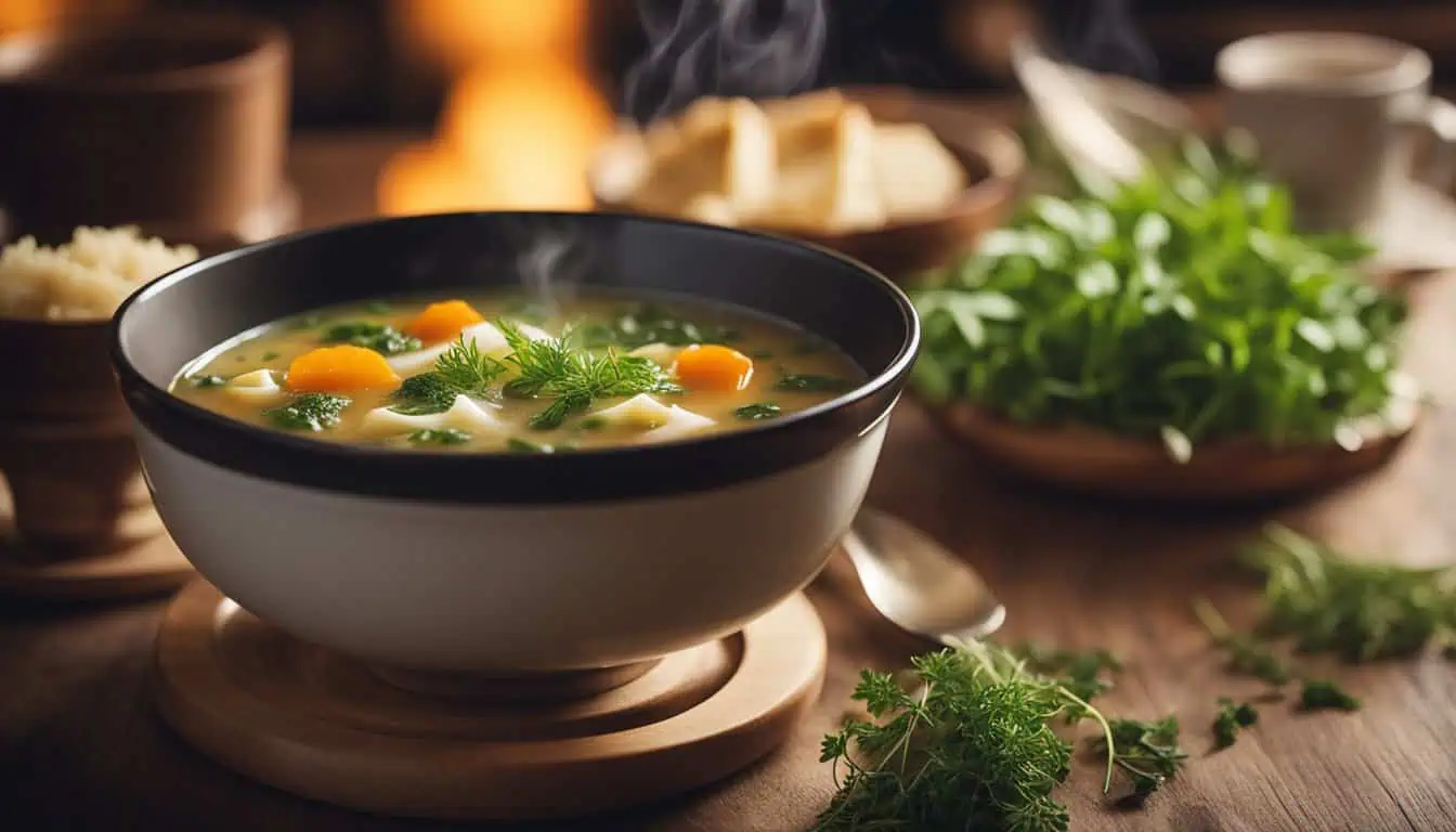 A bowl of vibrant vegetable soup garnished with fresh herbs, elegantly placed on a table, showcasing Singapore's culinary delights.