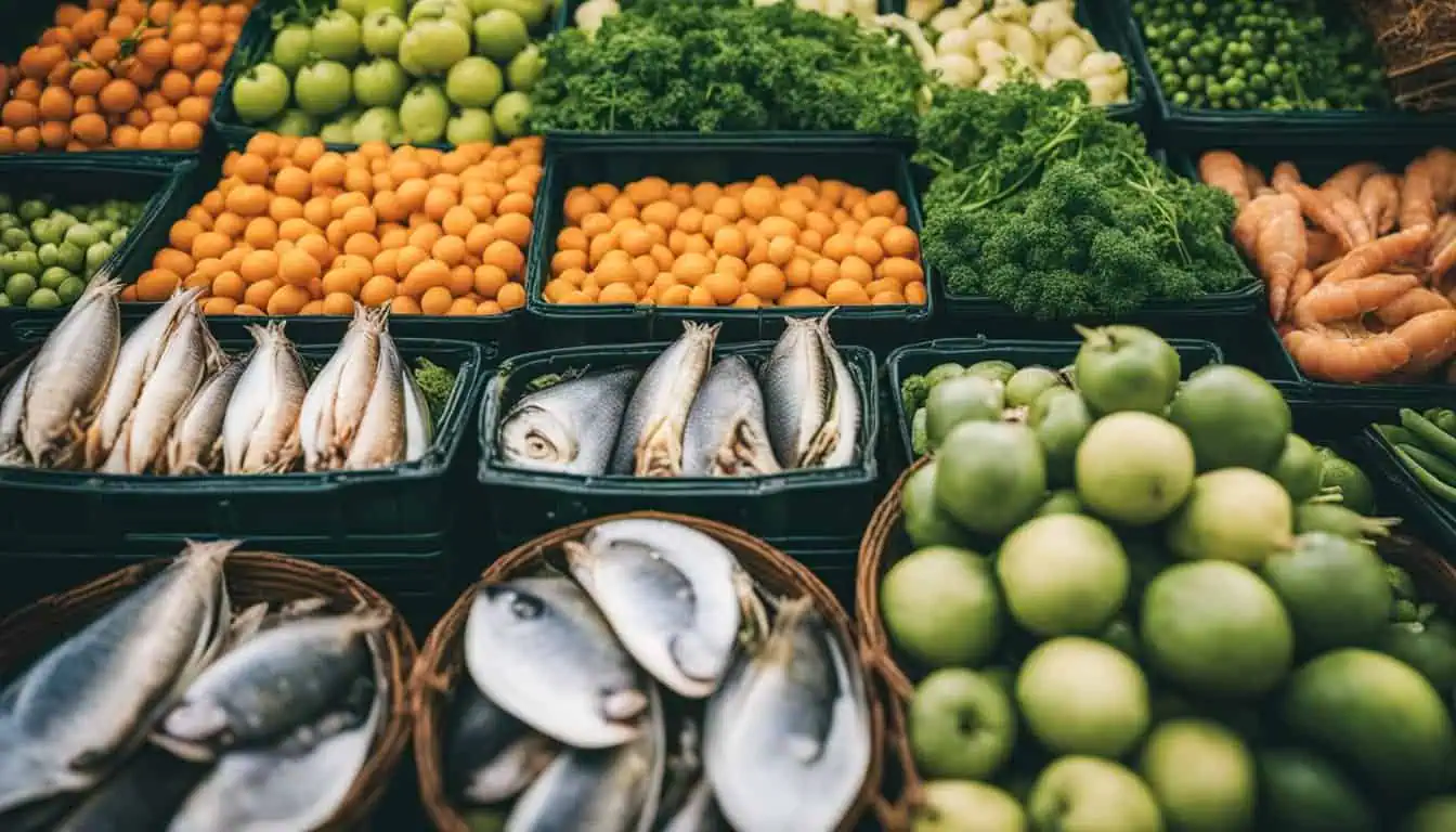 Fresh fruits, vegetables, and fish arranged on a table, showcasing the variety found in Singapore's popular wet markets
