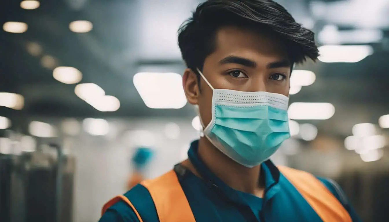 In an industrial area, a man with a mask symbolizes the commitment to professional cleaning services in Singapore.