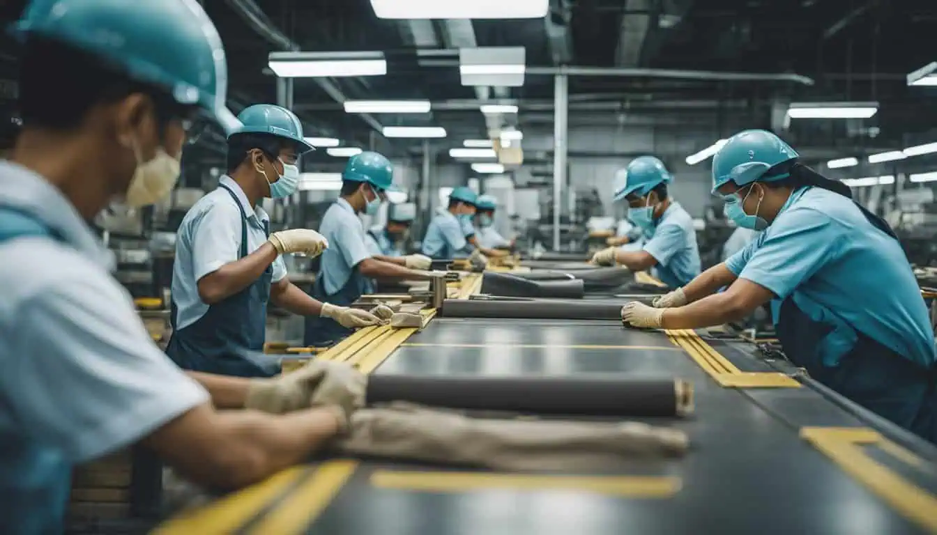Workers in blue shirts and hats diligently operating on the factory floor of Reliable Bag Manufacturers in Singapore.