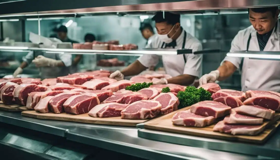 Skilled meat workers at a restaurant, expertly preparing meat, highlighting the quality of reliable butcher shops in Singapore.