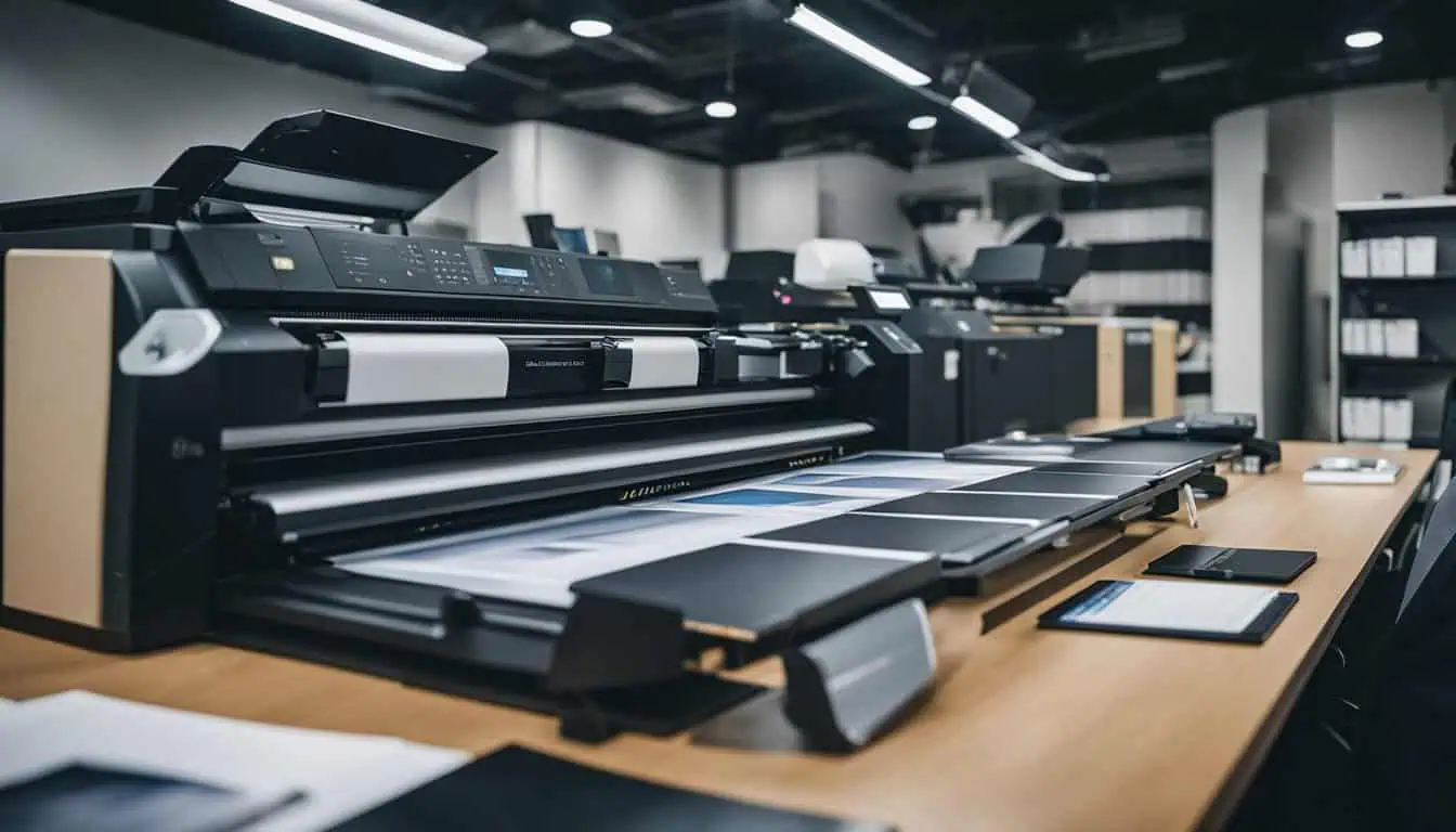 A large printer positioned on a desk in an office setting, symbolizing reliable printing services for businesses in Singapore.