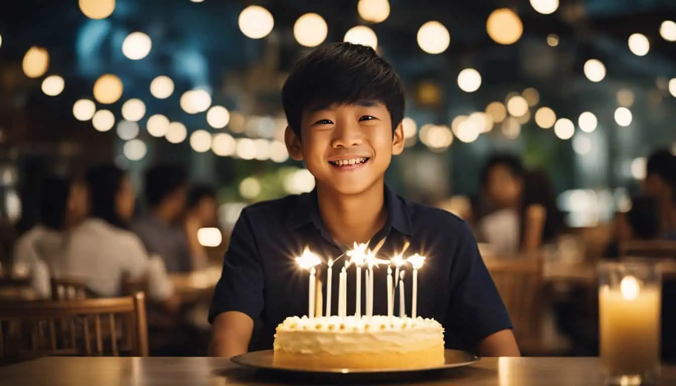 A delighted boy beams while seated at a table with a cake topped with lit candles, marking a festive birthday occasion.