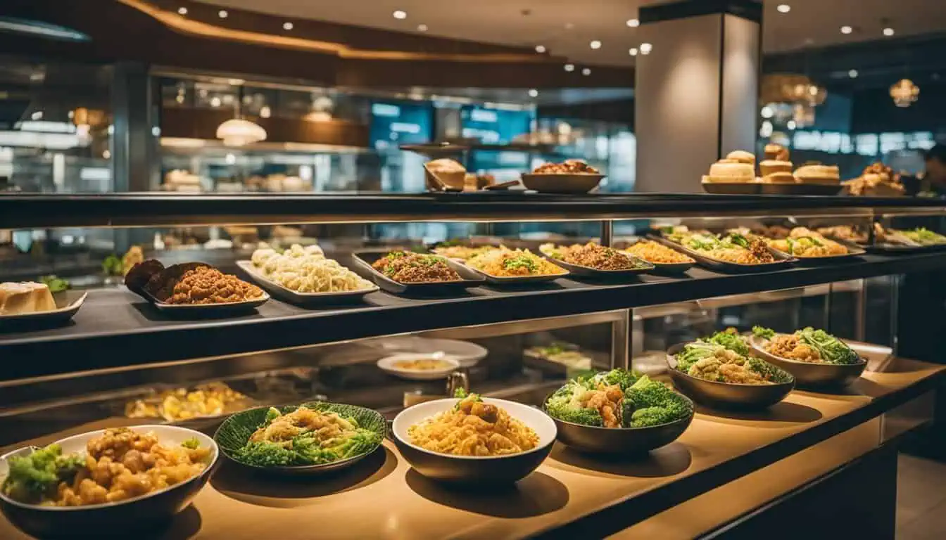 A vibrant buffet with numerous food selections at a Singapore Airport restaurant, highlighting a rich assortment of global flavors.