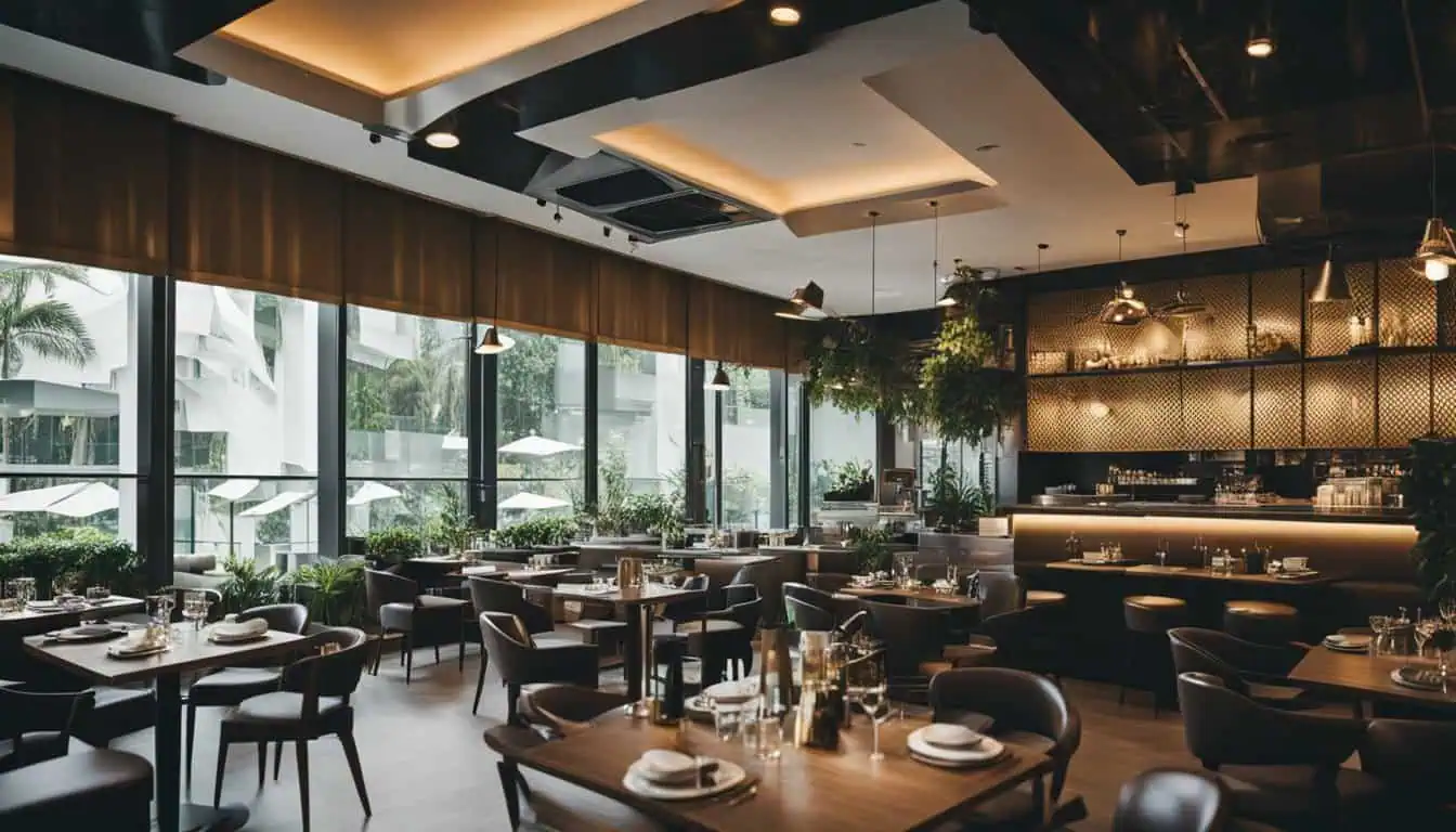 Interior view of a contemporary restaurant in Somerset, Singapore, showcasing expansive windows that enhance the dining atmosphere.