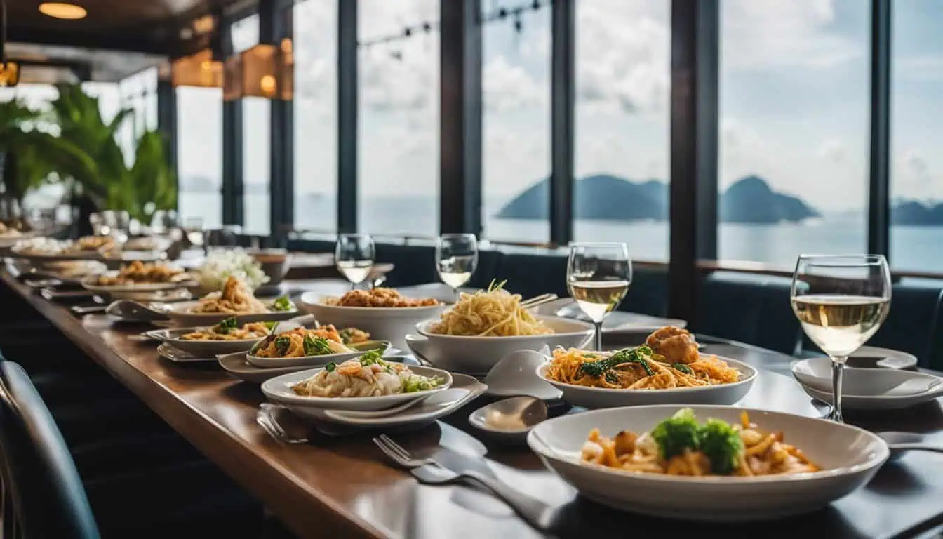 An elegant dining table adorned with an array of dishes and wine, located in a restaurant on Singapore's East Coast.