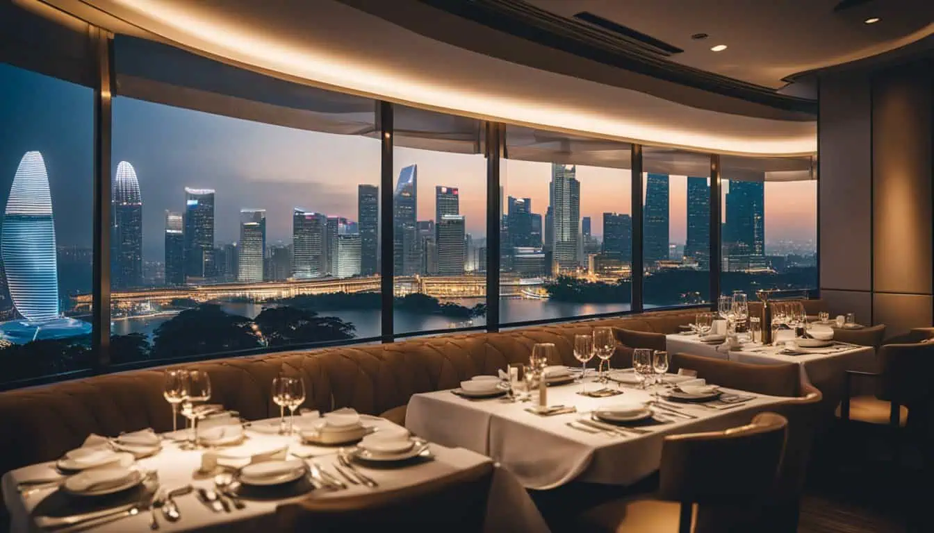 Dining room perspective featuring Marina Bay Sands, highlighting Singapore's stunning skyline and bustling marina area.